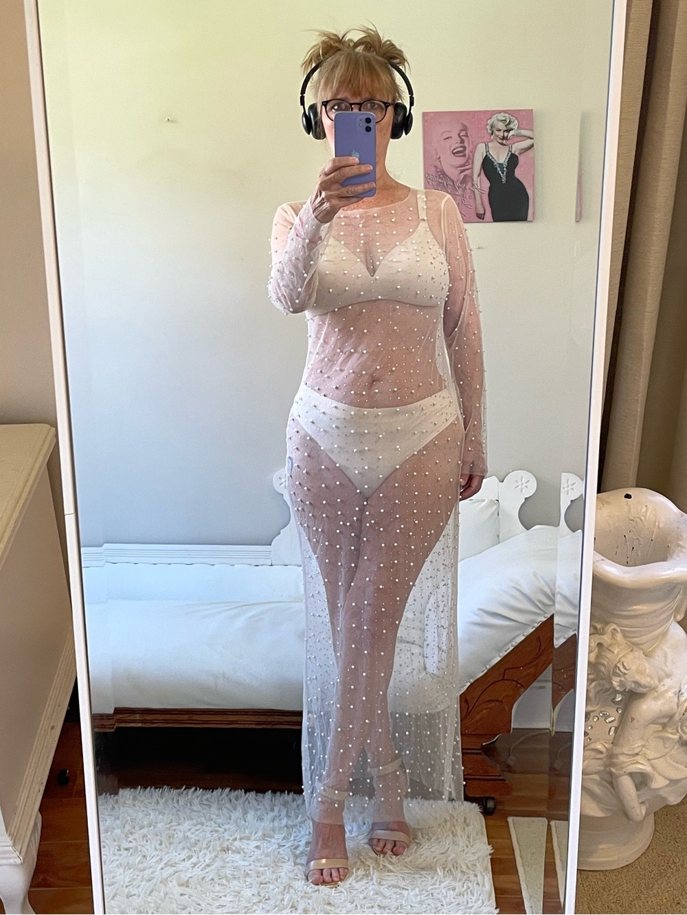NUDE LONG SLEEVE SHEER MESH COVER UP DRESS PEARLS RHINESTONES SLIT RAW EDGE